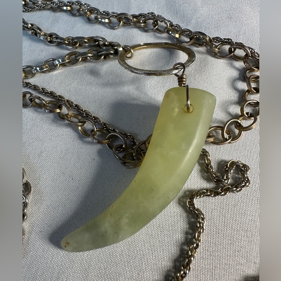 Silvertone multi chain necklace with light green horn dangle - Picture 7 of 8